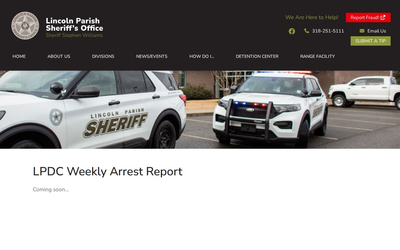 Lincoln Parish arrest lookup weekly report page with Coming soon notice