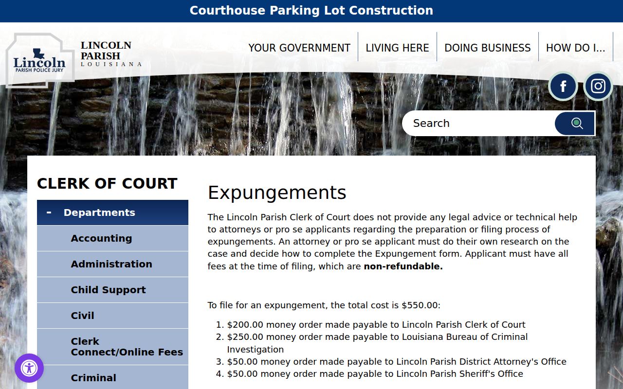 Lincoln Parish criminal court case expungement fee instructions