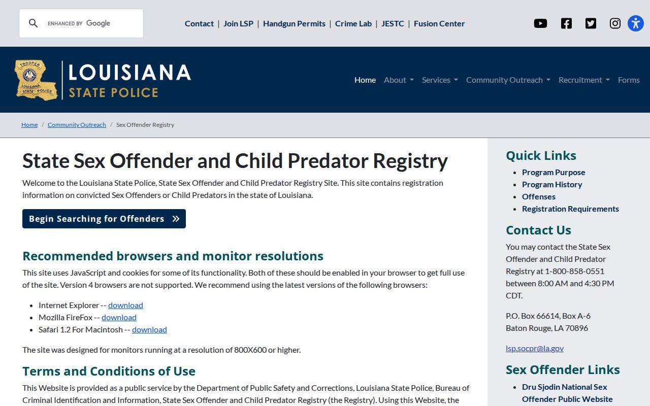 Louisiana State Police sex offender registry search entry for Lincoln Parish